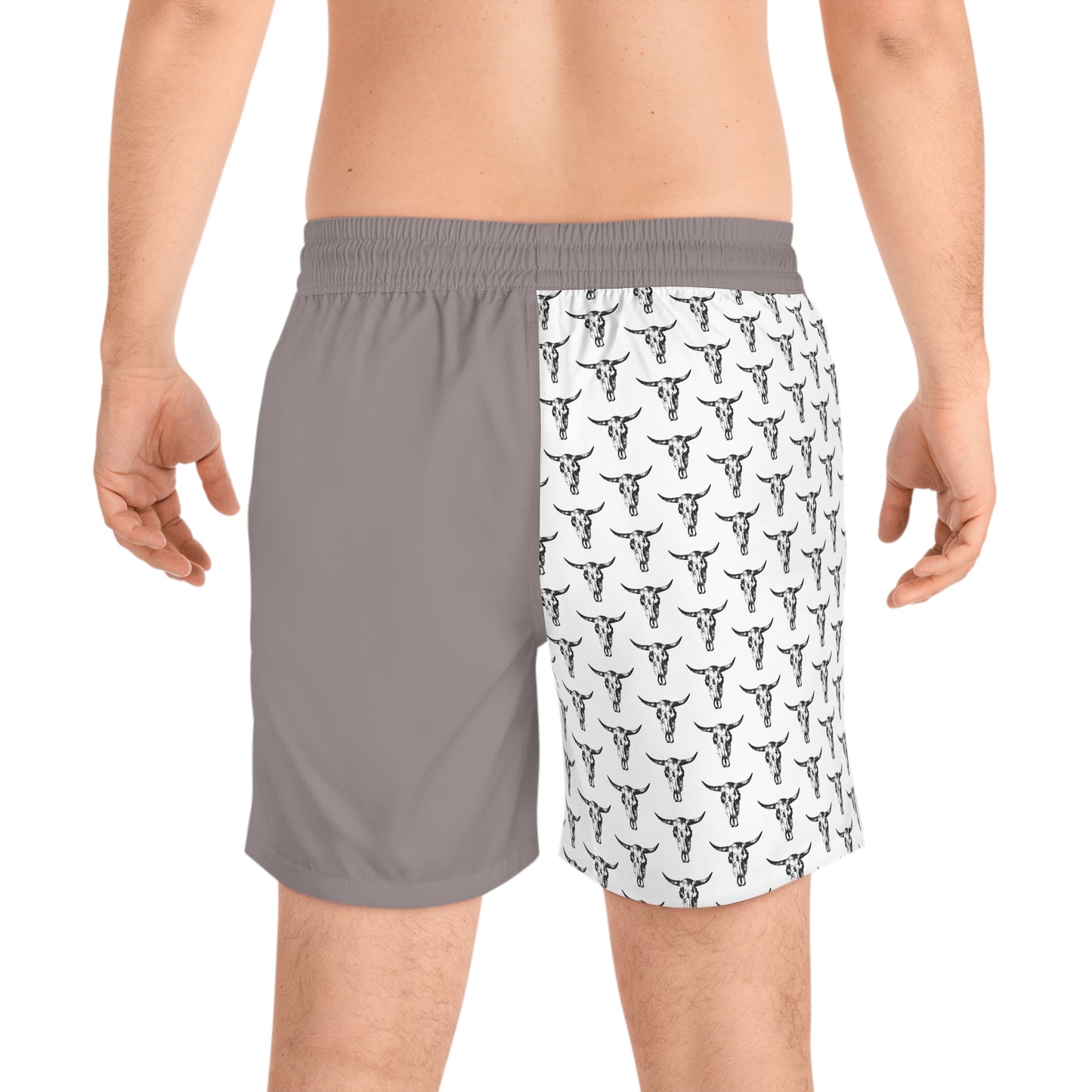 Men's Mid-Length Swim Shorts — Half Solid Taupe & Bull Skull Patterned Panel