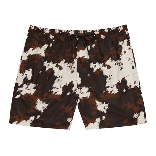 Brown White Cowhide Print Swim Trunks