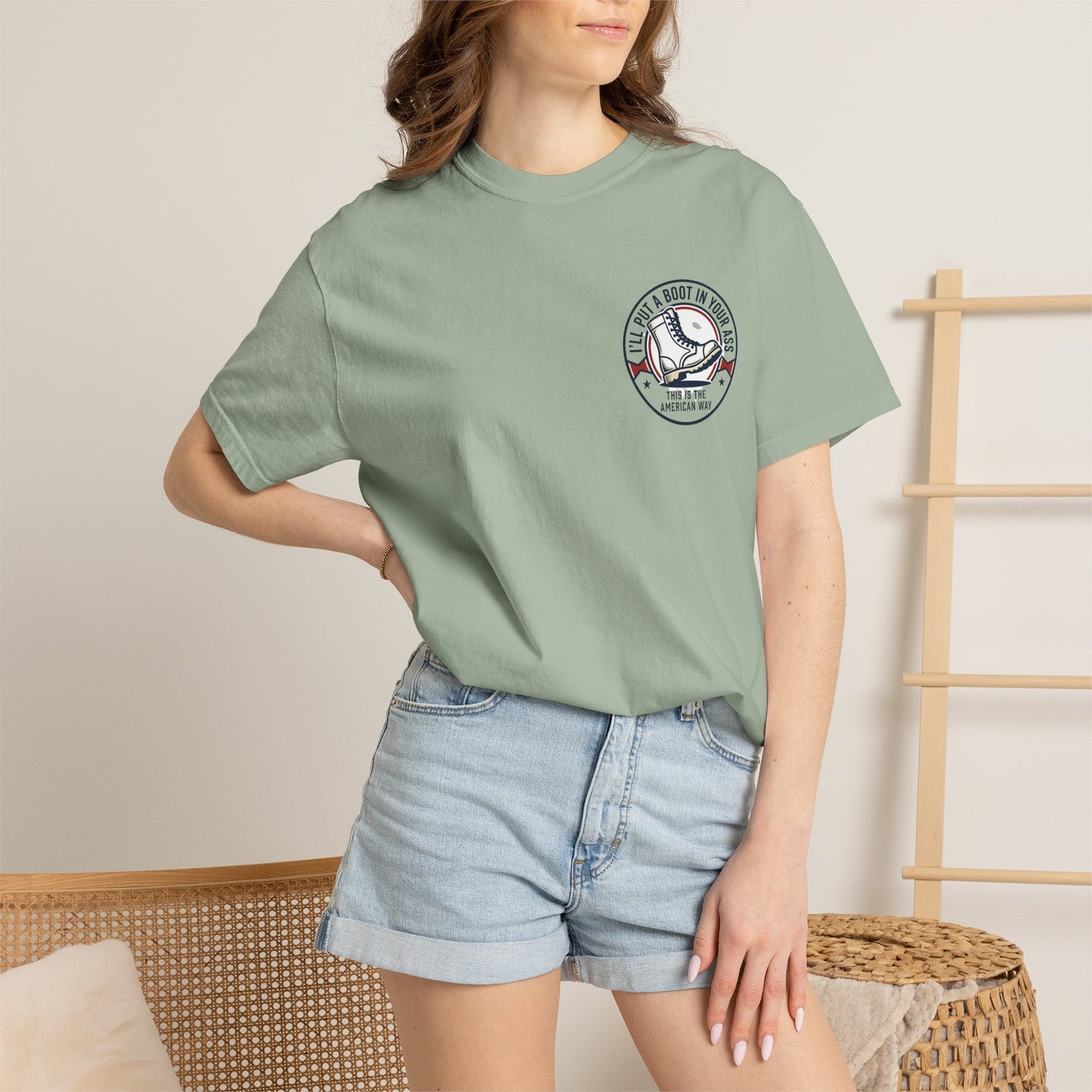 Graphic T-Shirt — American Flag Cowboy Boots "We’ll Put A Boot In Your Ass" Patriotic Tee