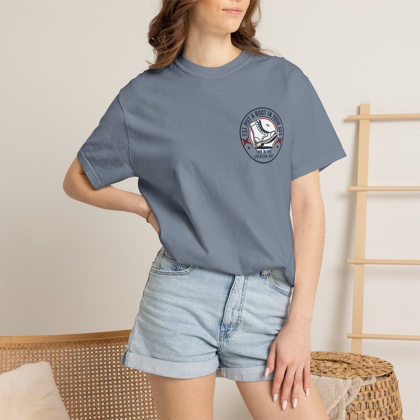 Graphic T-Shirt — American Flag Cowboy Boots "We’ll Put A Boot In Your Ass" Patriotic Tee