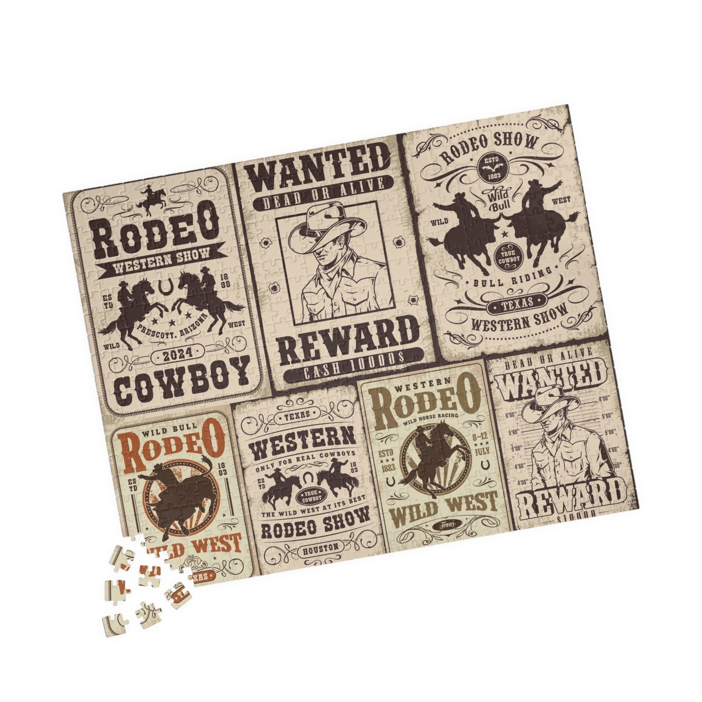 Western Rodeo Poster Jigsaw Puzzle — Vintage Wild West Wanted Signs (110–1014 pcs)