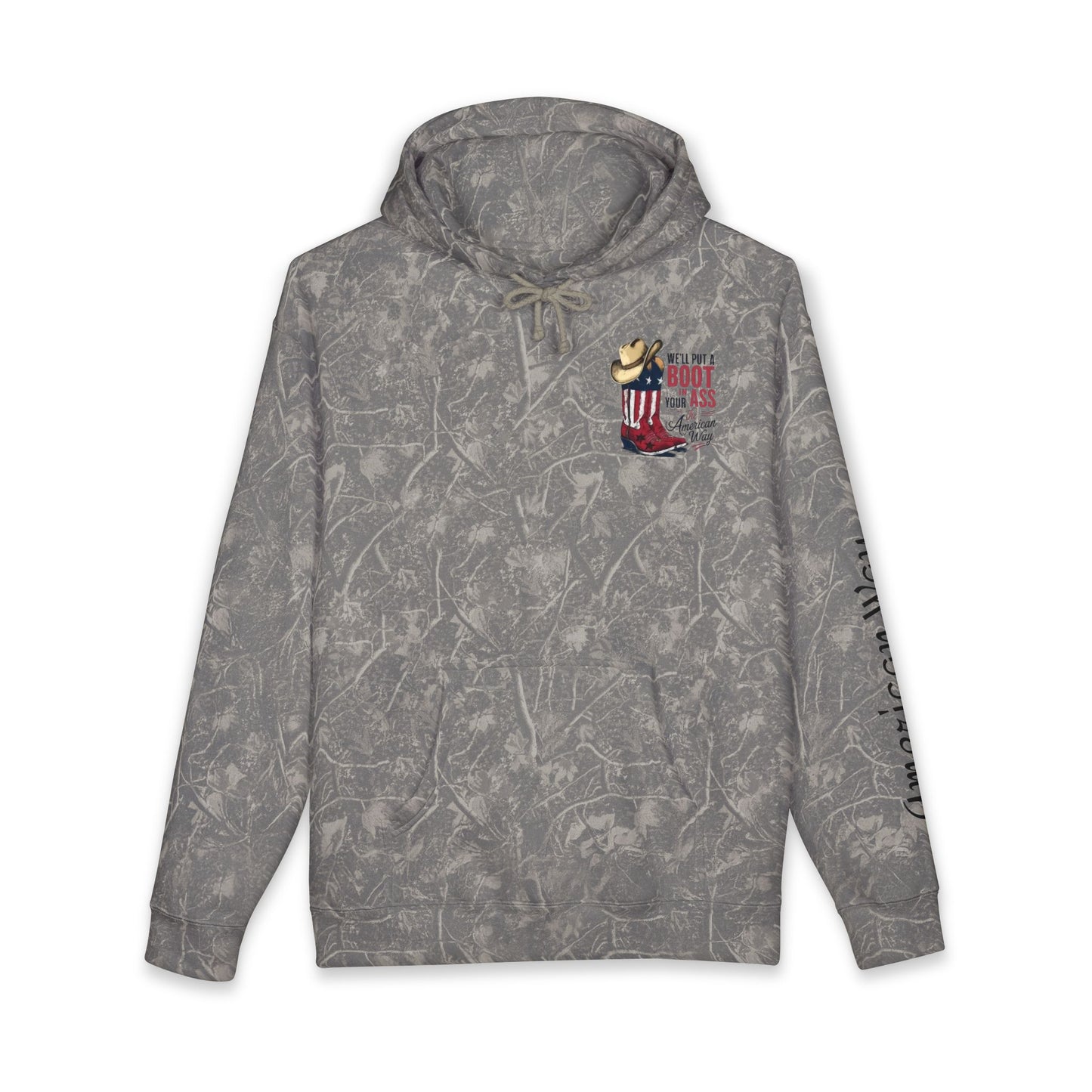 Patriotic Cowboy Boot Hoodie — "We'll Put a Boot in Your Ass the American Way" Graphic Hoodie