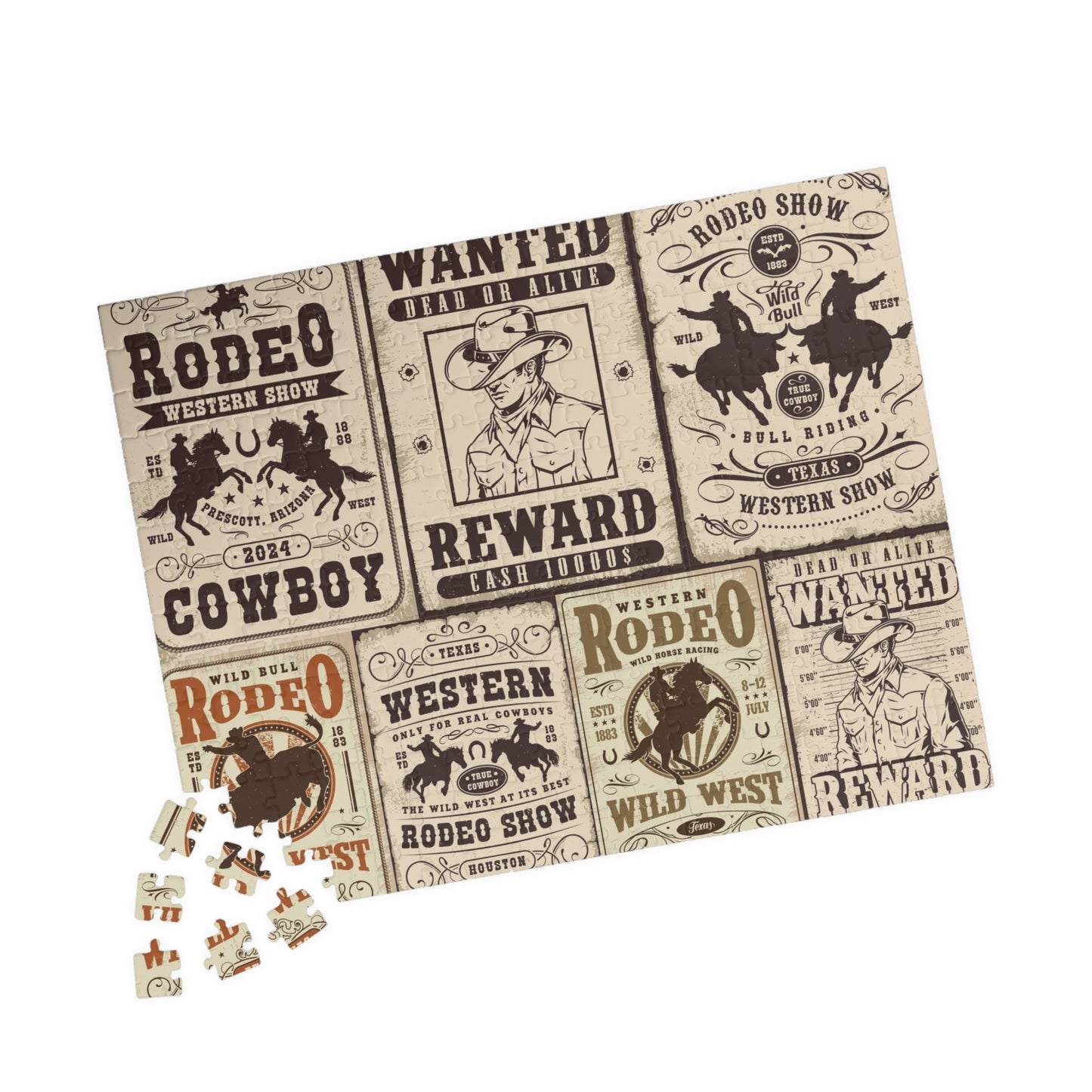 Western Rodeo Poster Jigsaw Puzzle — Vintage Wild West Wanted Signs (110–1014 pcs)