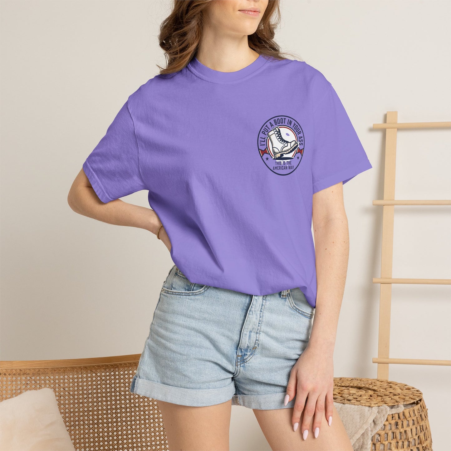 Graphic T-Shirt — American Flag Cowboy Boots "We’ll Put A Boot In Your Ass" Patriotic Tee