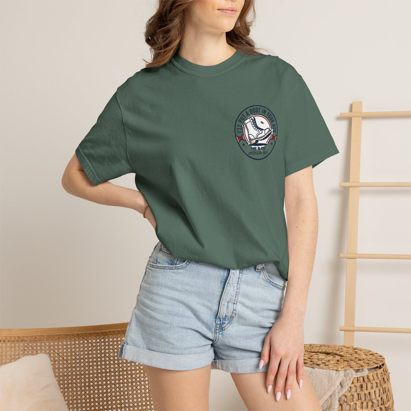 Graphic T-Shirt — American Flag Cowboy Boots "We’ll Put A Boot In Your Ass" Patriotic Tee