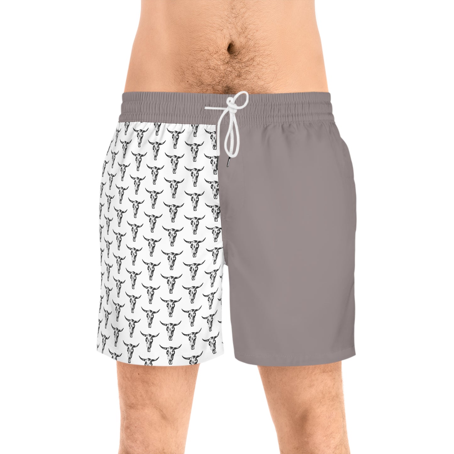 Men's Mid-Length Swim Shorts — Half Solid Taupe & Bull Skull Patterned Panel