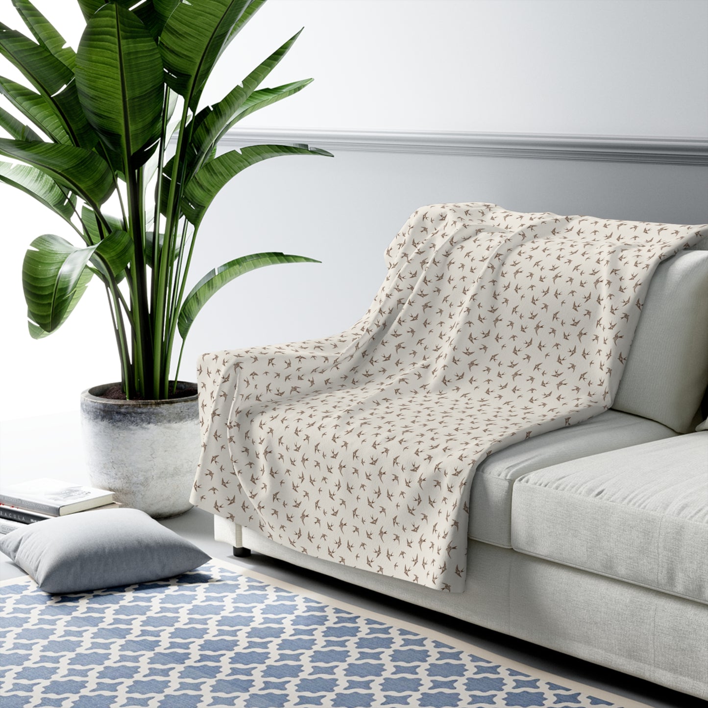 Sherpa Blanket Neutral Bird Print Fleece Throw