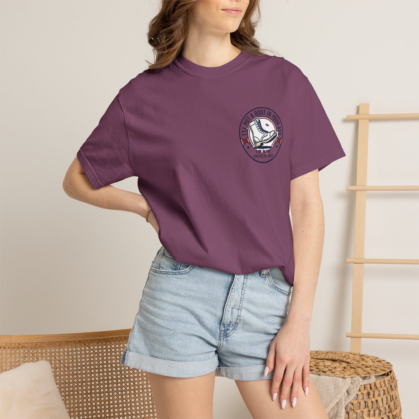 Graphic T-Shirt — American Flag Cowboy Boots "We’ll Put A Boot In Your Ass" Patriotic Tee