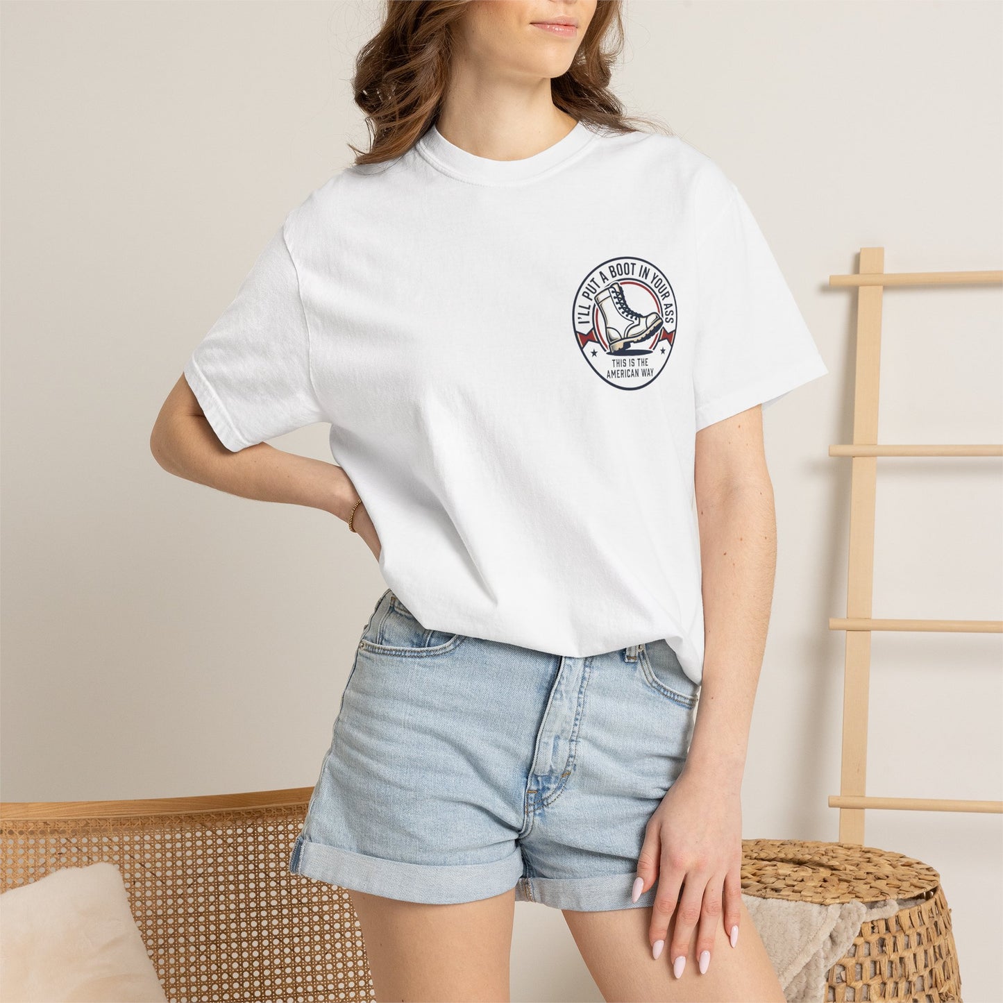 Graphic T-Shirt — American Flag Cowboy Boots "We’ll Put A Boot In Your Ass" Patriotic Tee