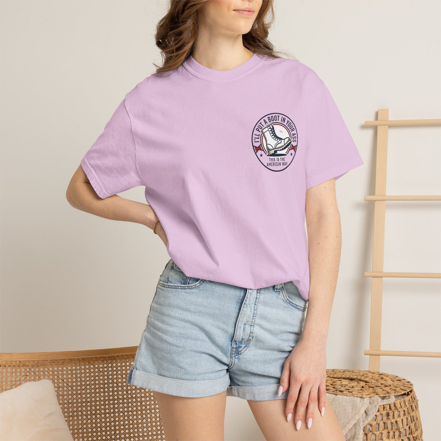 Graphic T-Shirt — American Flag Cowboy Boots "We’ll Put A Boot In Your Ass" Patriotic Tee