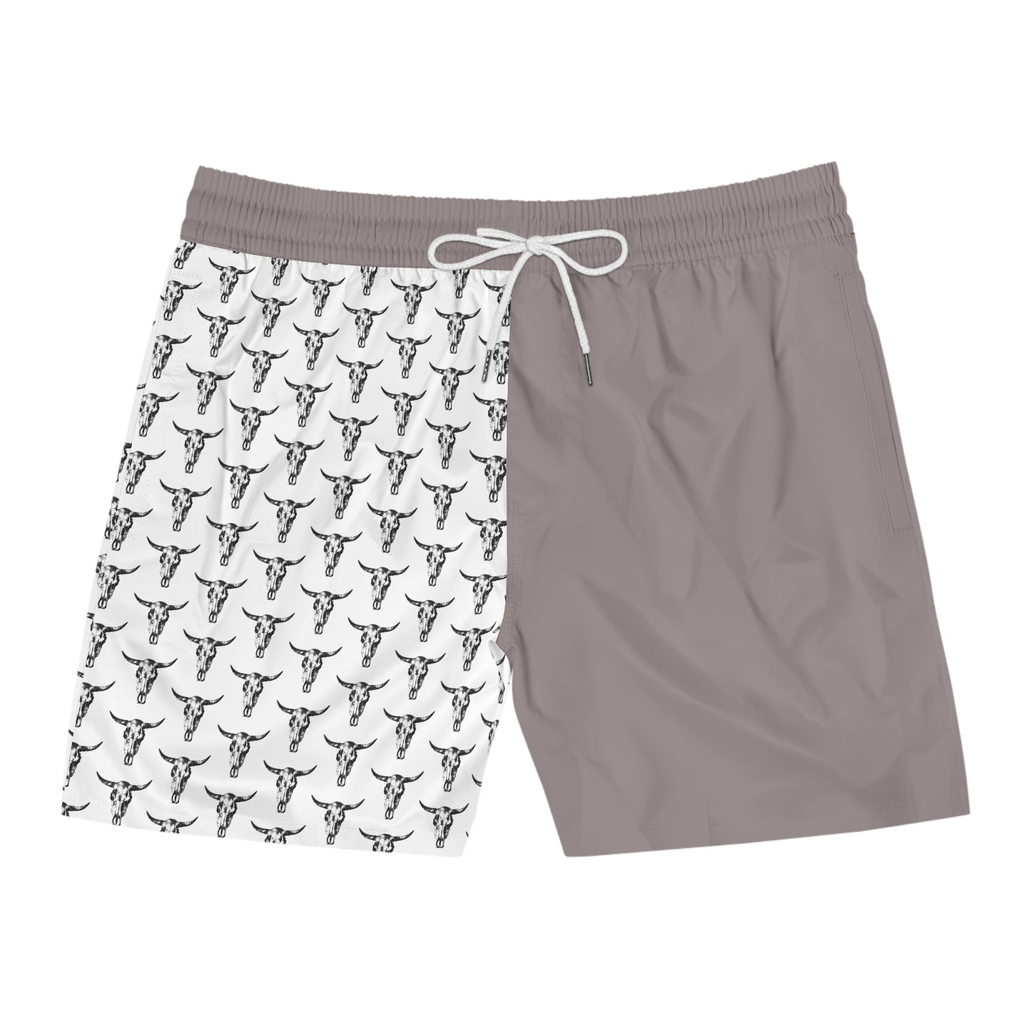 Men's Mid-Length Swim Shorts — Half Solid Taupe & Bull Skull Patterned Panel