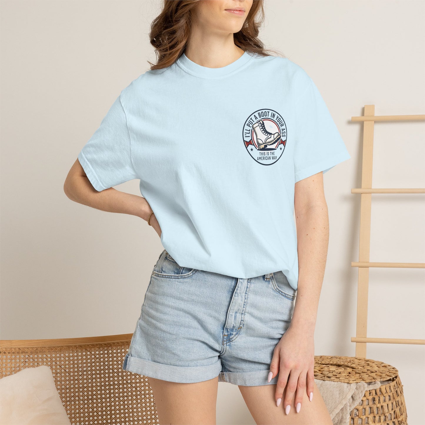 Graphic T-Shirt — American Flag Cowboy Boots "We’ll Put A Boot In Your Ass" Patriotic Tee