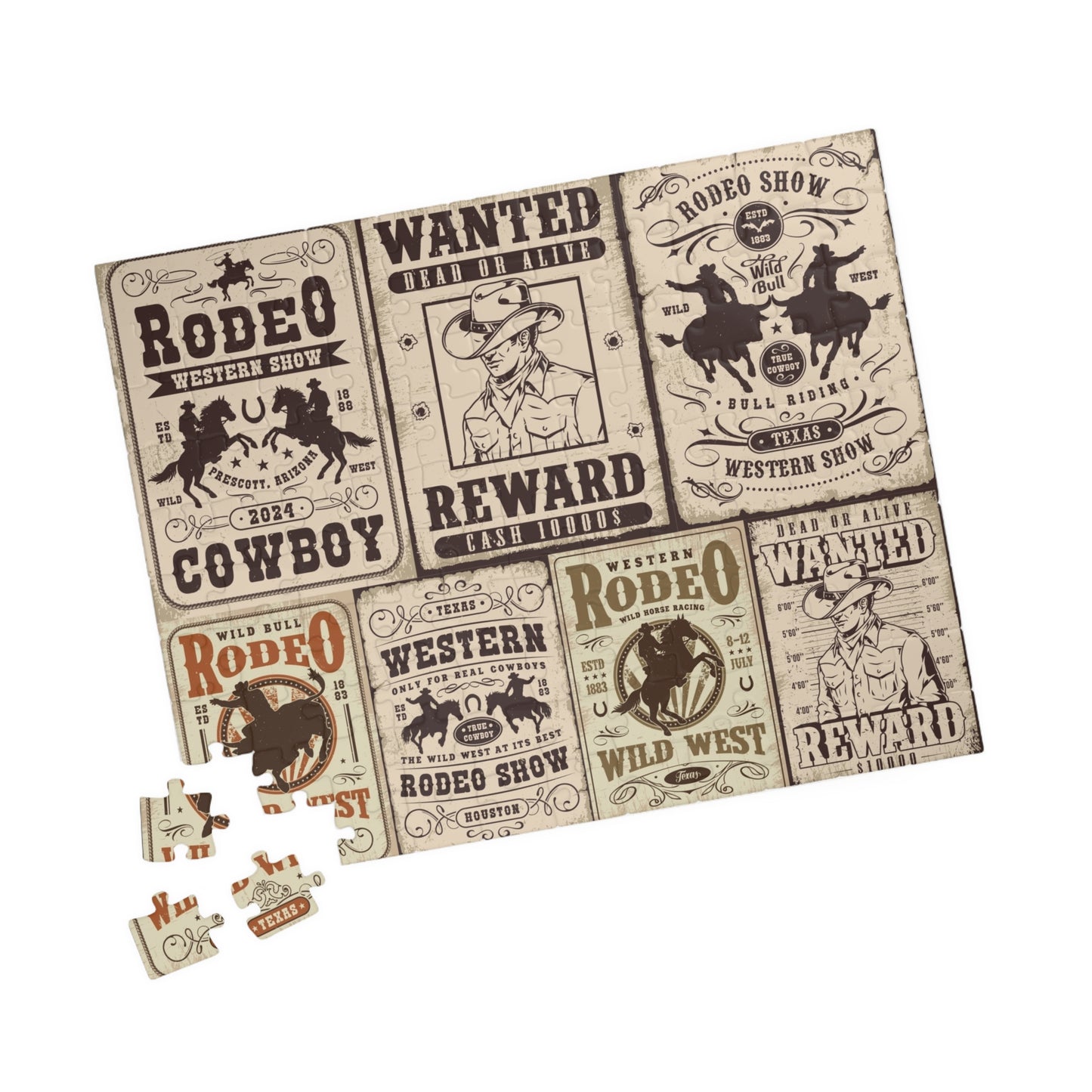 Western Rodeo Poster Jigsaw Puzzle — Vintage Wild West Wanted Signs (110–1014 pcs)