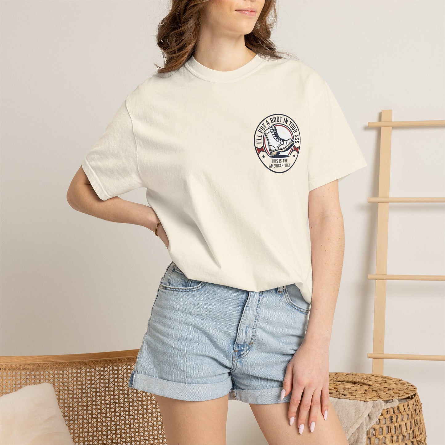 Graphic T-Shirt — American Flag Cowboy Boots "We’ll Put A Boot In Your Ass" Patriotic Tee