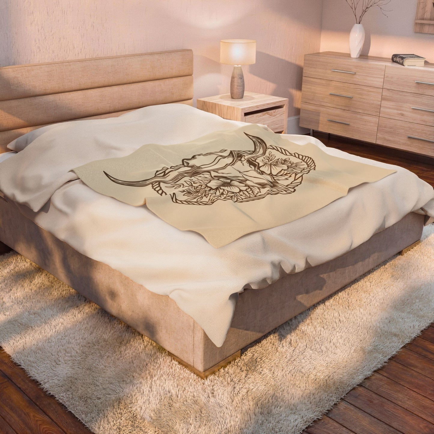 Boho Bull Skull Velveteen Throw Blanket