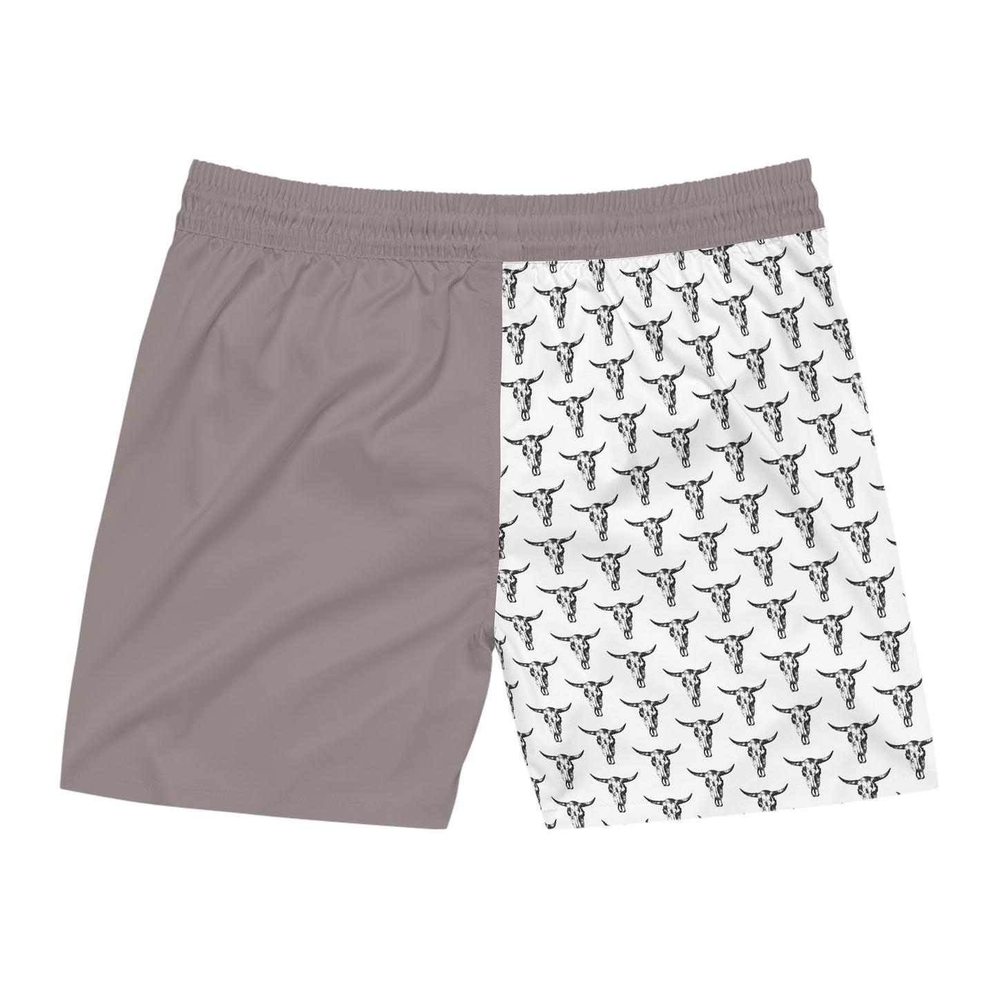 Men's Mid-Length Swim Shorts — Half Solid Taupe & Bull Skull Patterned Panel
