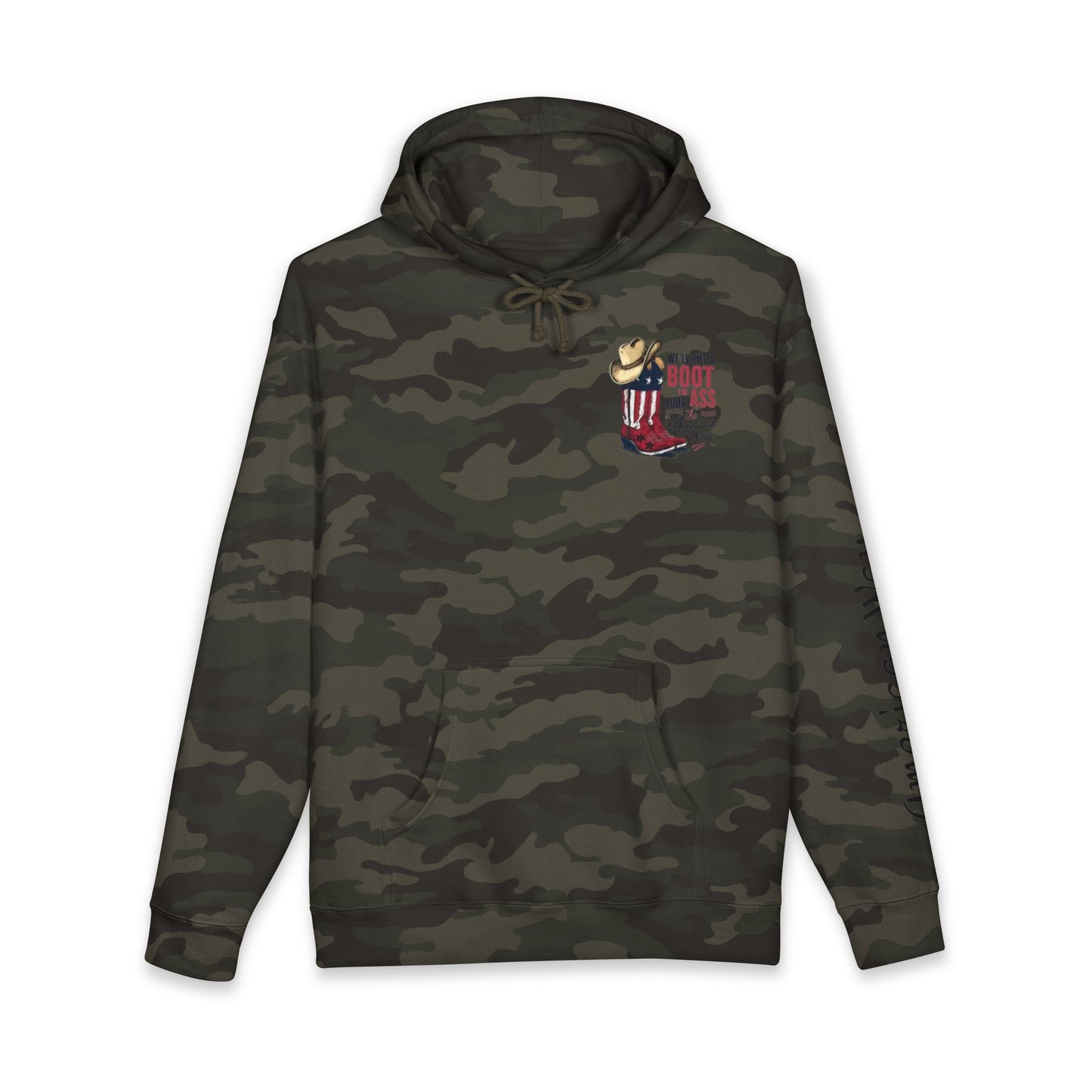 Patriotic Cowboy Boot Hoodie — "We'll Put a Boot in Your Ass the American Way" Graphic Hoodie