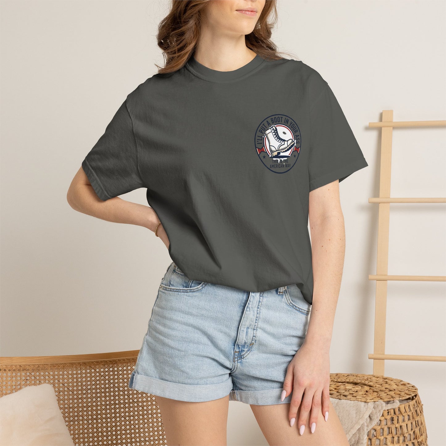 Graphic T-Shirt — American Flag Cowboy Boots "We’ll Put A Boot In Your Ass" Patriotic Tee
