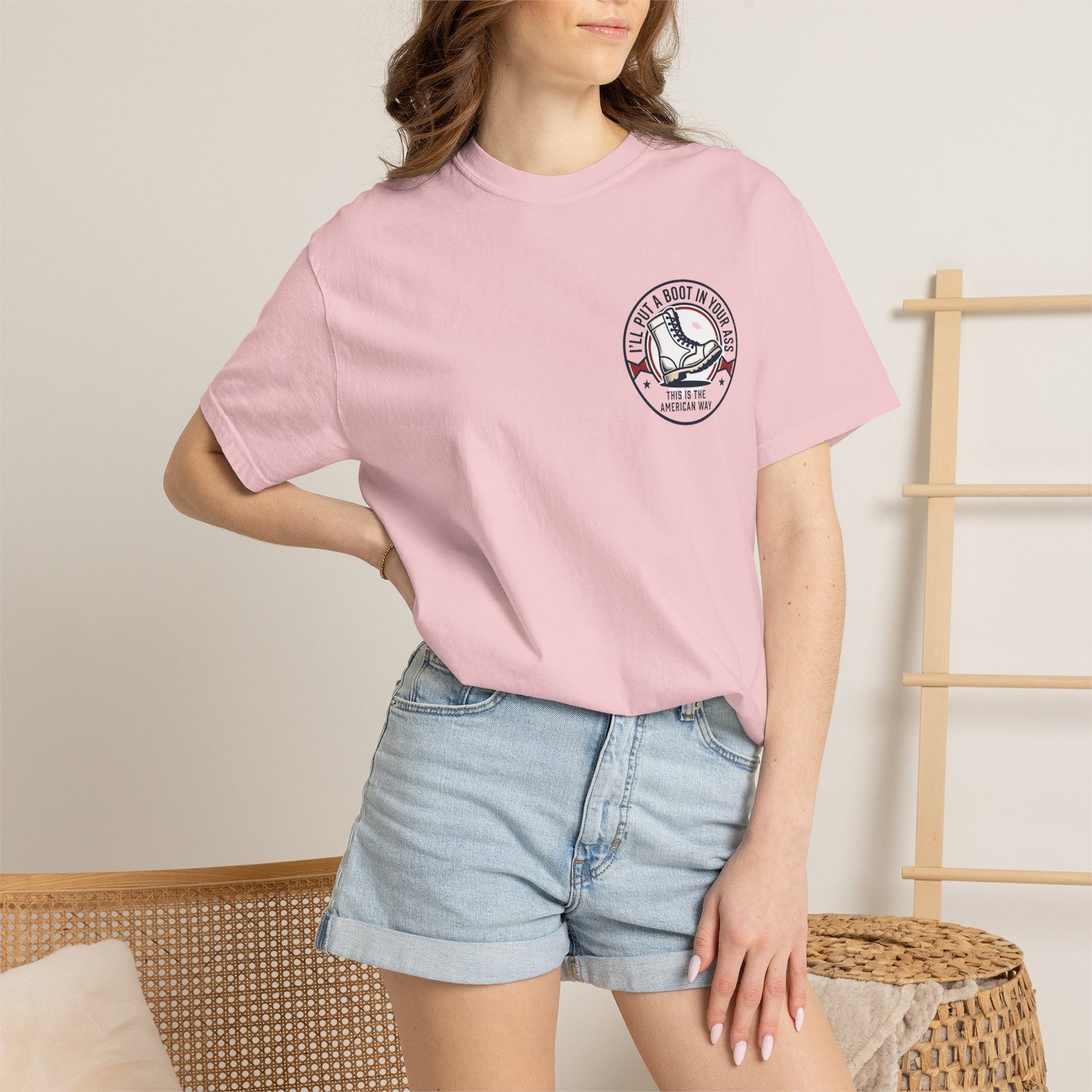 Graphic T-Shirt — American Flag Cowboy Boots "We’ll Put A Boot In Your Ass" Patriotic Tee